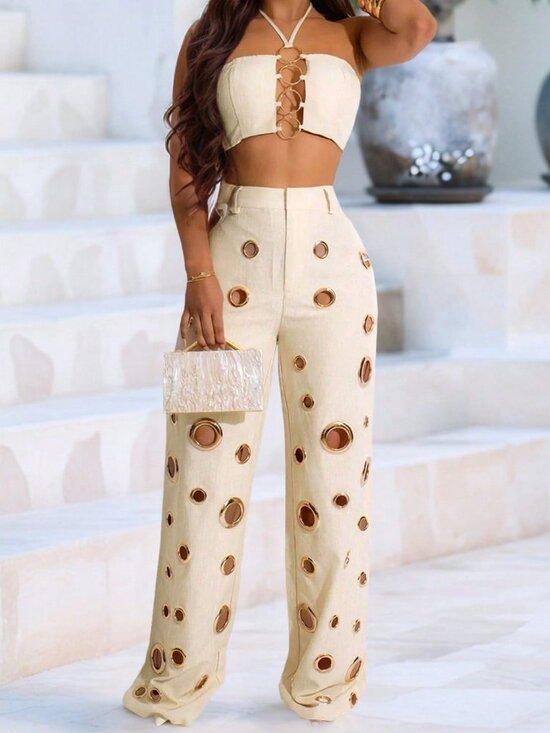 MODA ME COUTURE Denim - Apricot Sexy Women's halter‑neck tank top & high‑waist long pants Two Pieces Set